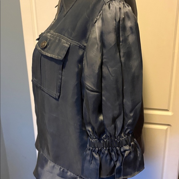 CINQ A SEPT Holly Ruffle Black Satin Zip-Front Utility Jacket Size Medium EUC - Picture 3 of 11